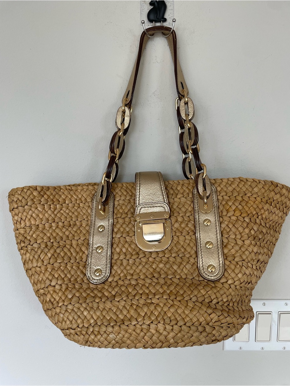 Michael Kors Rare Antique Gold Woven Wicker Tote Purse Shoulder Bag Leather